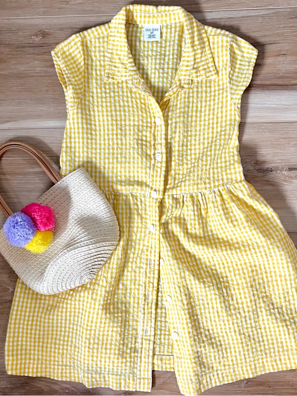 Okie Dokie Yellow Gingham Button-Front Girls Dress
